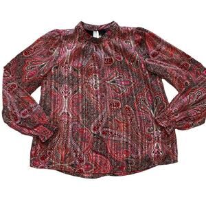 Ann Taylor Long Sleeve Red Paisley Accordion Pleated Blouse, Ruched Cuffs, XSP